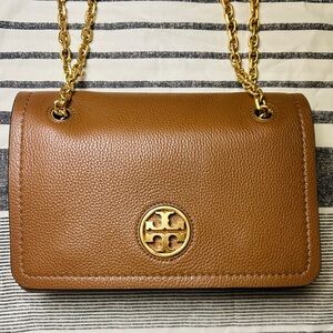 🩵 Tory Burch Tan Leather Foldover Convertible Crossbody bag gold hardware